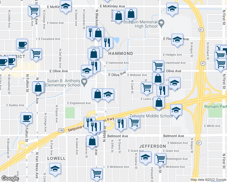 map of restaurants, bars, coffee shops, grocery stores, and more near 1906 East Tyler Avenue in Fresno