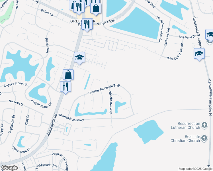 map of restaurants, bars, coffee shops, grocery stores, and more near 1129 Smokey Mountain Trail in Chesapeake