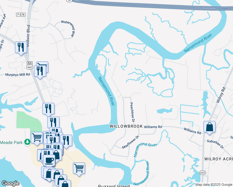 map of restaurants, bars, coffee shops, grocery stores, and more near 1317 River Road in Suffolk