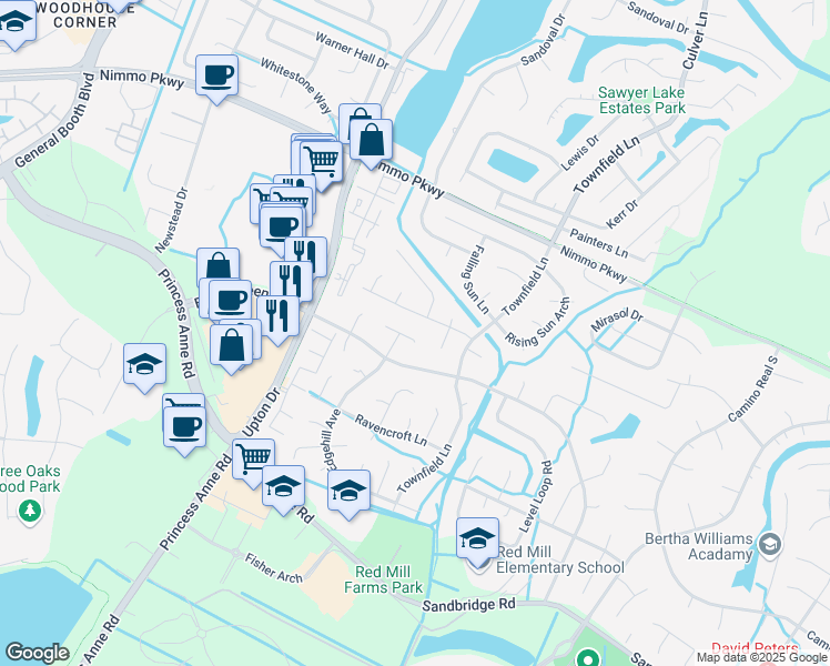map of restaurants, bars, coffee shops, grocery stores, and more near 1937 Morgan Mill Way in Virginia Beach