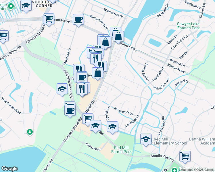 map of restaurants, bars, coffee shops, grocery stores, and more near 2201 Wessington Drive in Virginia Beach