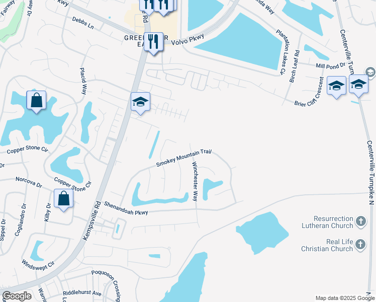 map of restaurants, bars, coffee shops, grocery stores, and more near 1129 Smokey Mountain Trail in Chesapeake