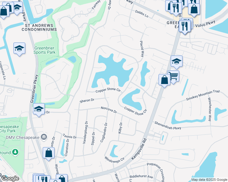 map of restaurants, bars, coffee shops, grocery stores, and more near 807 Copper Stone Circle in Chesapeake