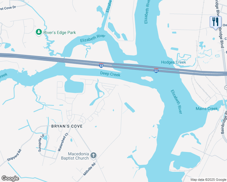 map of restaurants, bars, coffee shops, grocery stores, and more near 1700 Shipyard Road in Chesapeake