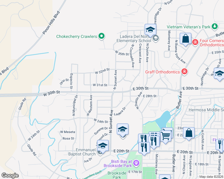 map of restaurants, bars, coffee shops, grocery stores, and more near 203 West 31st Street in Farmington