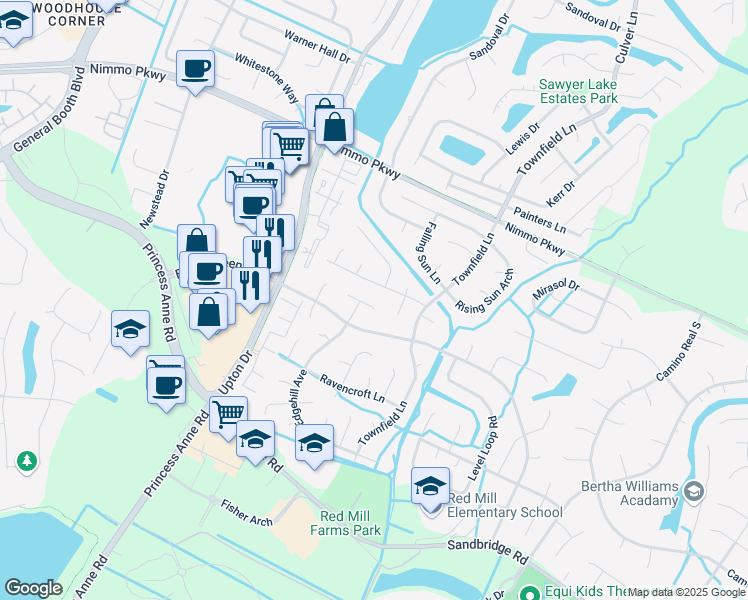map of restaurants, bars, coffee shops, grocery stores, and more near 1937 Morgan Mill Way in Virginia Beach