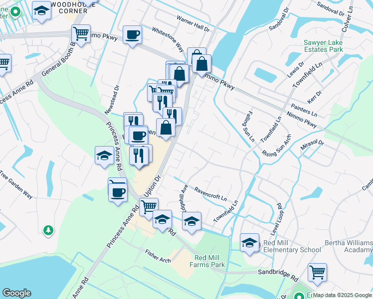 map of restaurants, bars, coffee shops, grocery stores, and more near 2201 Wessington Drive in Virginia Beach