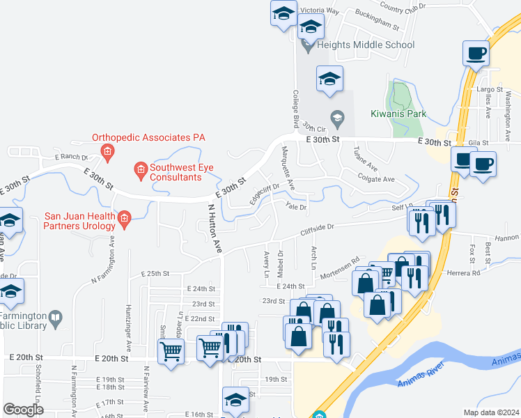 map of restaurants, bars, coffee shops, grocery stores, and more near 2827 Rabbitbrush Drive in Farmington
