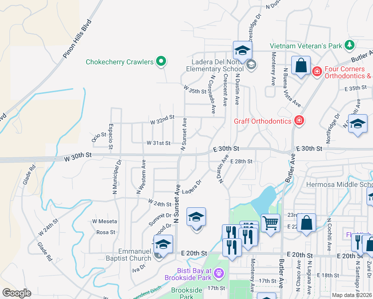 map of restaurants, bars, coffee shops, grocery stores, and more near 3002 North Sunset Avenue in Farmington