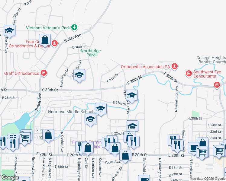 map of restaurants, bars, coffee shops, grocery stores, and more near 1702 East 30th Street in Farmington