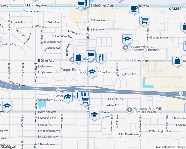 map of restaurants, bars, coffee shops, grocery stores, and more near 5218 East Clay Avenue in Fresno