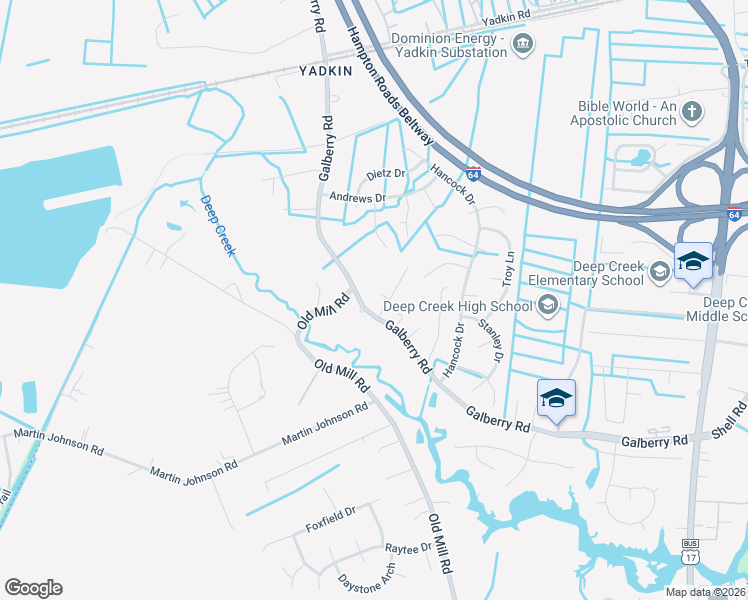 map of restaurants, bars, coffee shops, grocery stores, and more near 3200 Galberry Road in Chesapeake