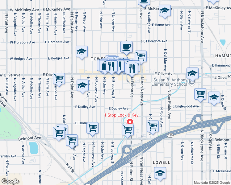 map of restaurants, bars, coffee shops, grocery stores, and more near 986 North Broadway Street in Fresno