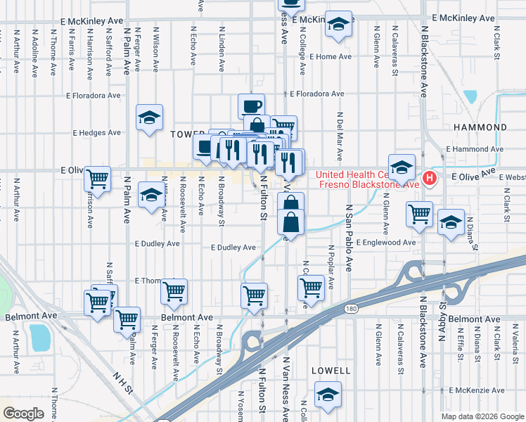 map of restaurants, bars, coffee shops, grocery stores, and more near 1039 North Fulton Street in Fresno