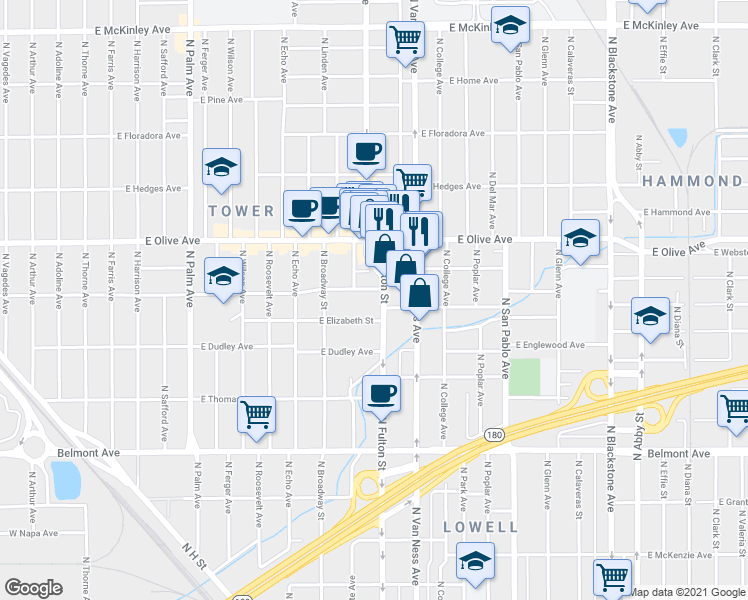 map of restaurants, bars, coffee shops, grocery stores, and more near 1065 East Dennett Avenue in Fresno