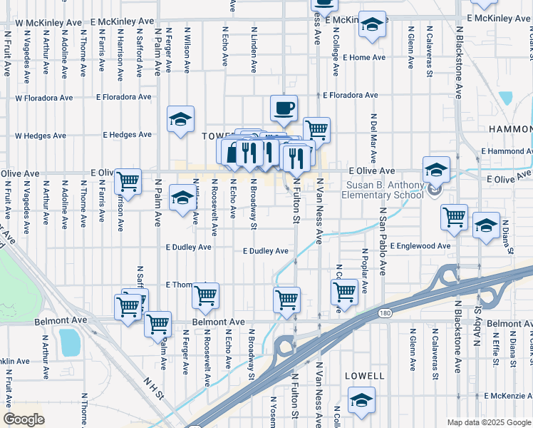 map of restaurants, bars, coffee shops, grocery stores, and more near in Fresno