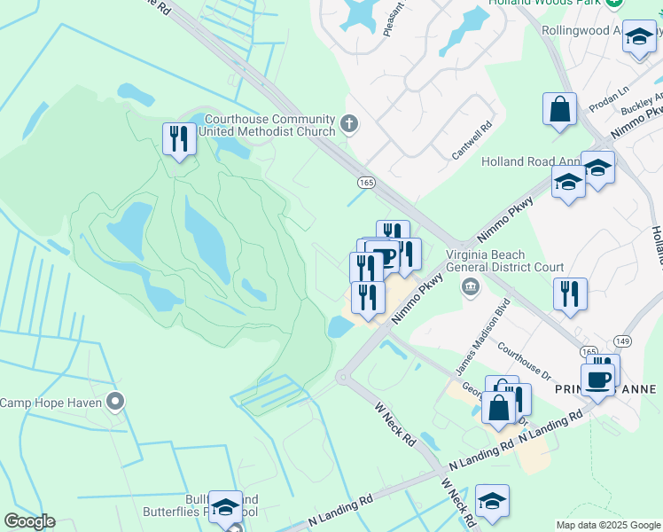 map of restaurants, bars, coffee shops, grocery stores, and more near 2593 Allie Nicole Circle in Virginia Beach