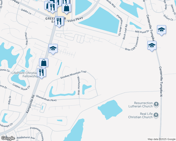 map of restaurants, bars, coffee shops, grocery stores, and more near 1213 Smokey Mountain Trail in Chesapeake