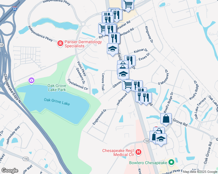 map of restaurants, bars, coffee shops, grocery stores, and more near 112 Gibson Drive in Chesapeake