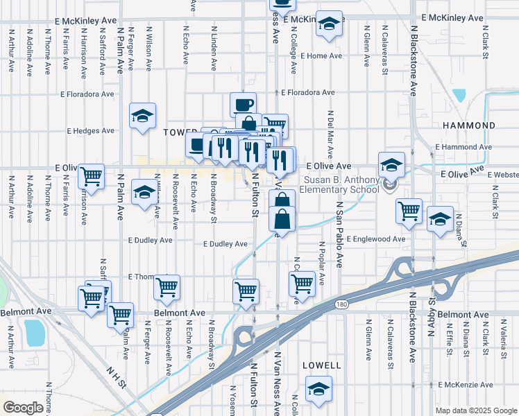 map of restaurants, bars, coffee shops, grocery stores, and more near 1065 East Dennett Avenue in Fresno