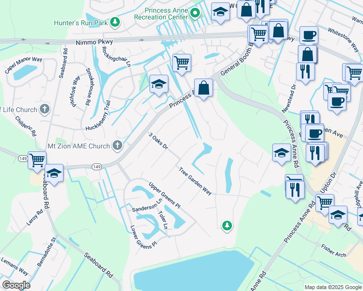 map of restaurants, bars, coffee shops, grocery stores, and more near 2213 Shingle Wood Way in Virginia Beach