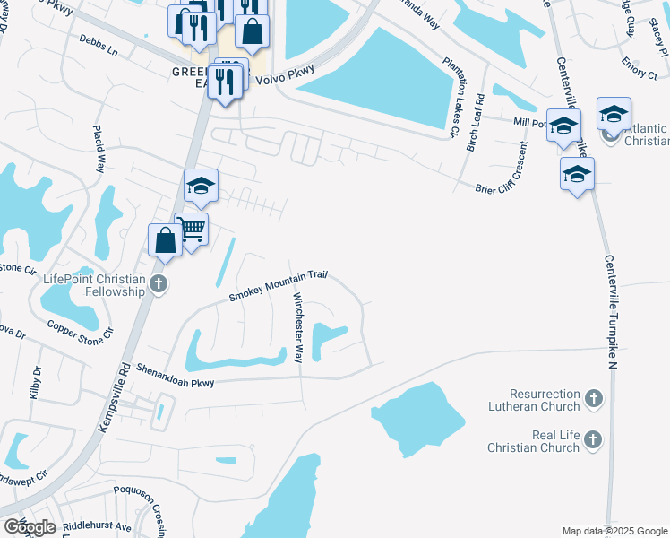 map of restaurants, bars, coffee shops, grocery stores, and more near 1213 Smokey Mountain Trail in Chesapeake