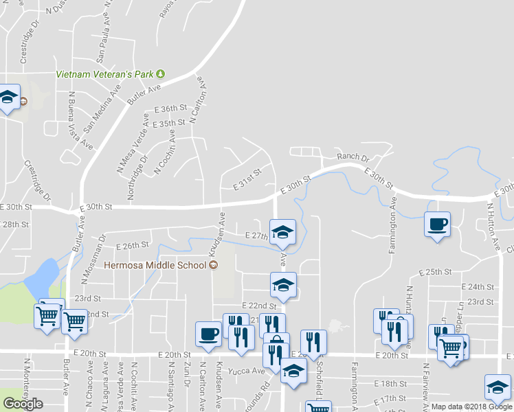 map of restaurants, bars, coffee shops, grocery stores, and more near 1705 East 30th Street in Farmington