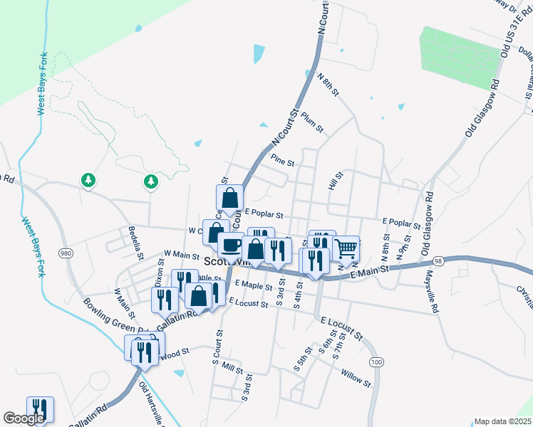 map of restaurants, bars, coffee shops, grocery stores, and more near 213-223 E Poplar St in Scottsville