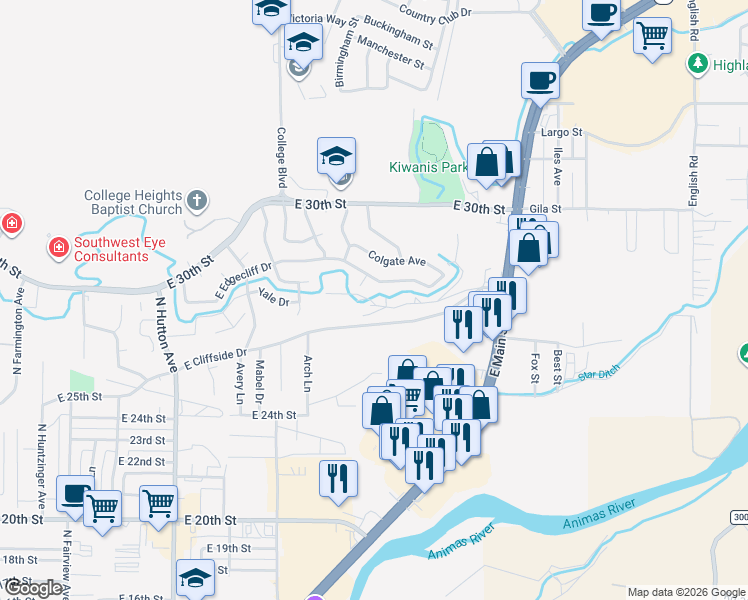 map of restaurants, bars, coffee shops, grocery stores, and more near 3307 Edgecliff Drive in Farmington