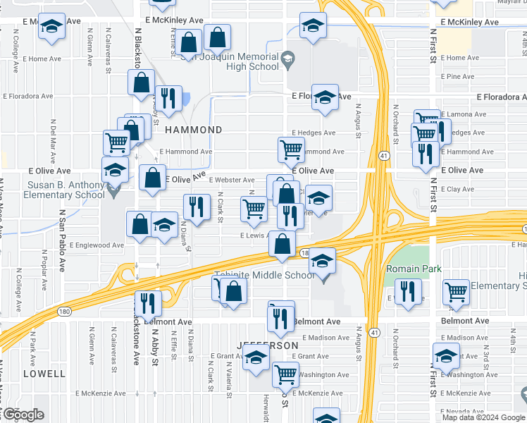 map of restaurants, bars, coffee shops, grocery stores, and more near 2340 East Clay Avenue in Fresno