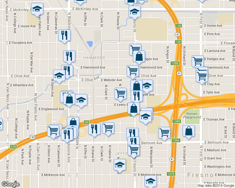 map of restaurants, bars, coffee shops, grocery stores, and more near 2270 East Clay Avenue in Fresno