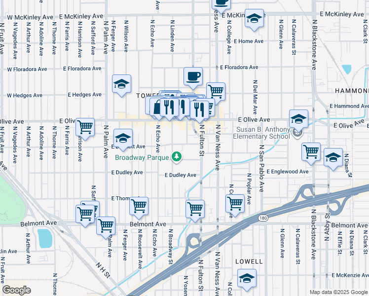 map of restaurants, bars, coffee shops, grocery stores, and more near in Fresno