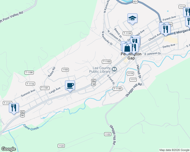 map of restaurants, bars, coffee shops, grocery stores, and more near 504 Morgan Alley in Pennington Gap