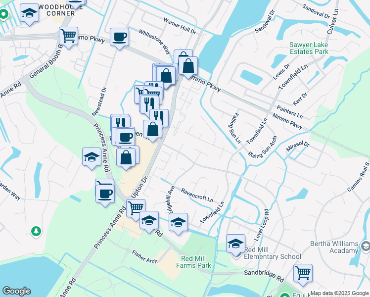 map of restaurants, bars, coffee shops, grocery stores, and more near 2514 Elson Green Court in Virginia Beach