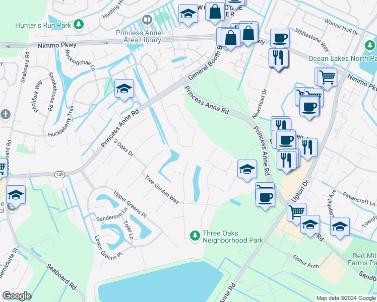 map of restaurants, bars, coffee shops, grocery stores, and more near 2381 Mathews Green Rd in Virginia Beach