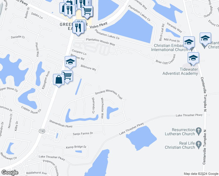 map of restaurants, bars, coffee shops, grocery stores, and more near 1213 Smokey Mountain Trail in Chesapeake