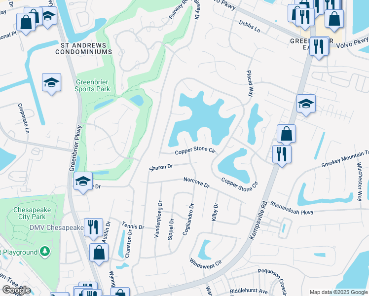 map of restaurants, bars, coffee shops, grocery stores, and more near 1200 Cogliandro Drive in Chesapeake