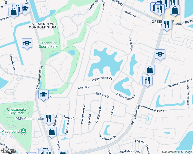map of restaurants, bars, coffee shops, grocery stores, and more near 1200 Cogliandro Drive in Chesapeake