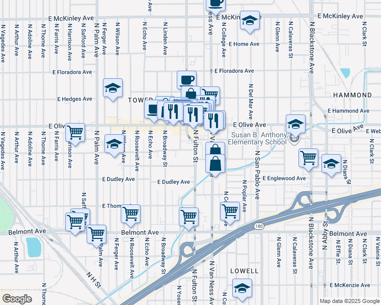 map of restaurants, bars, coffee shops, grocery stores, and more near 1065 East Dennett Avenue in Fresno