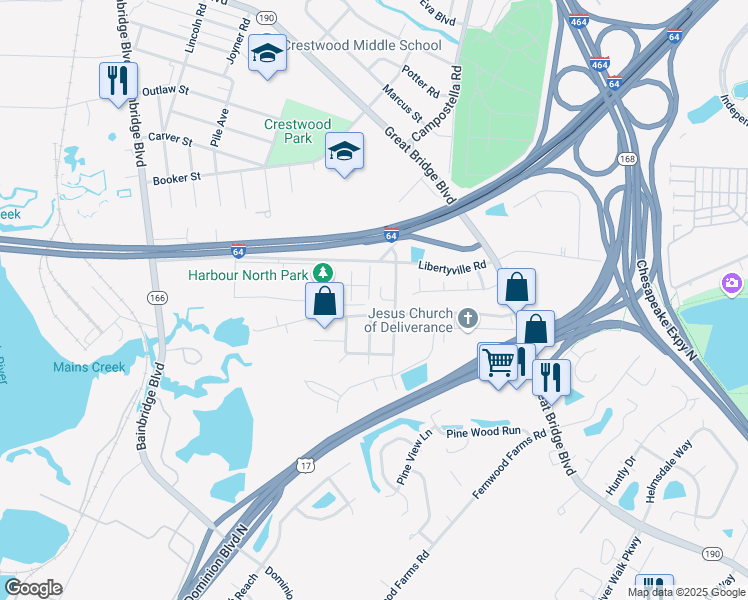 map of restaurants, bars, coffee shops, grocery stores, and more near 809 Mullen Road in Chesapeake