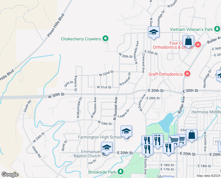 map of restaurants, bars, coffee shops, grocery stores, and more near 205 West 31st Street in Farmington