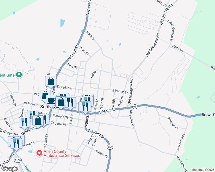 map of restaurants, bars, coffee shops, grocery stores, and more near 605 E Poplar St in Scottsville