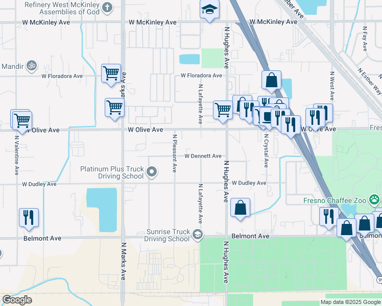map of restaurants, bars, coffee shops, grocery stores, and more near 2314 West Dennett Avenue in Fresno