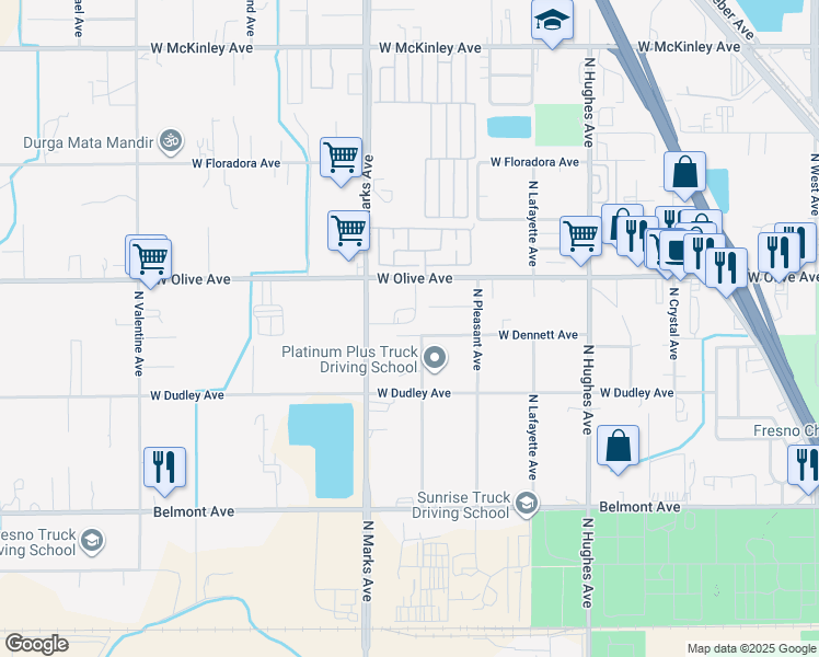 map of restaurants, bars, coffee shops, grocery stores, and more near 2720 West Dennett Avenue in Fresno