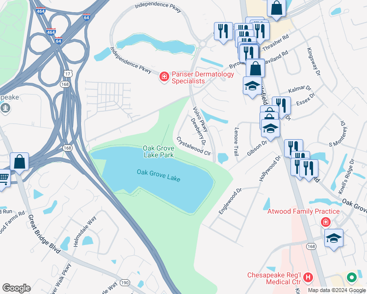 map of restaurants, bars, coffee shops, grocery stores, and more near 1124 Crystalwood Circle in Chesapeake