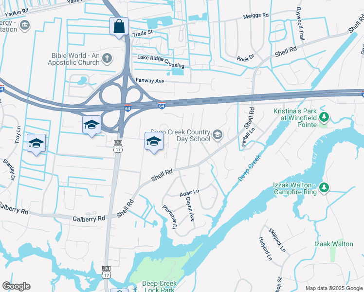 map of restaurants, bars, coffee shops, grocery stores, and more near 525 Trent Avenue in Chesapeake