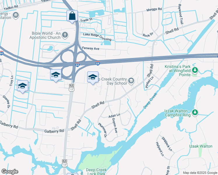 map of restaurants, bars, coffee shops, grocery stores, and more near 525 Trent Avenue in Chesapeake