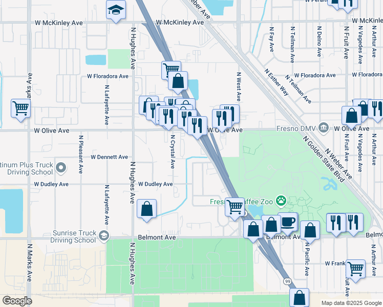 map of restaurants, bars, coffee shops, grocery stores, and more near 1101 North Parkway Drive in Fresno