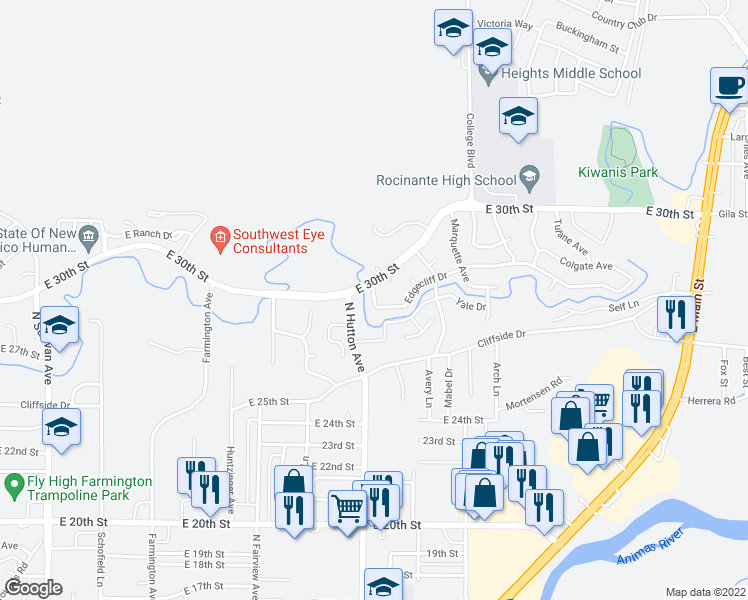 map of restaurants, bars, coffee shops, grocery stores, and more near 2506 Edgecliff Drive in Farmington