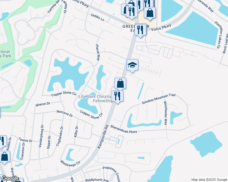 map of restaurants, bars, coffee shops, grocery stores, and more near 804 Adams Court in Chesapeake